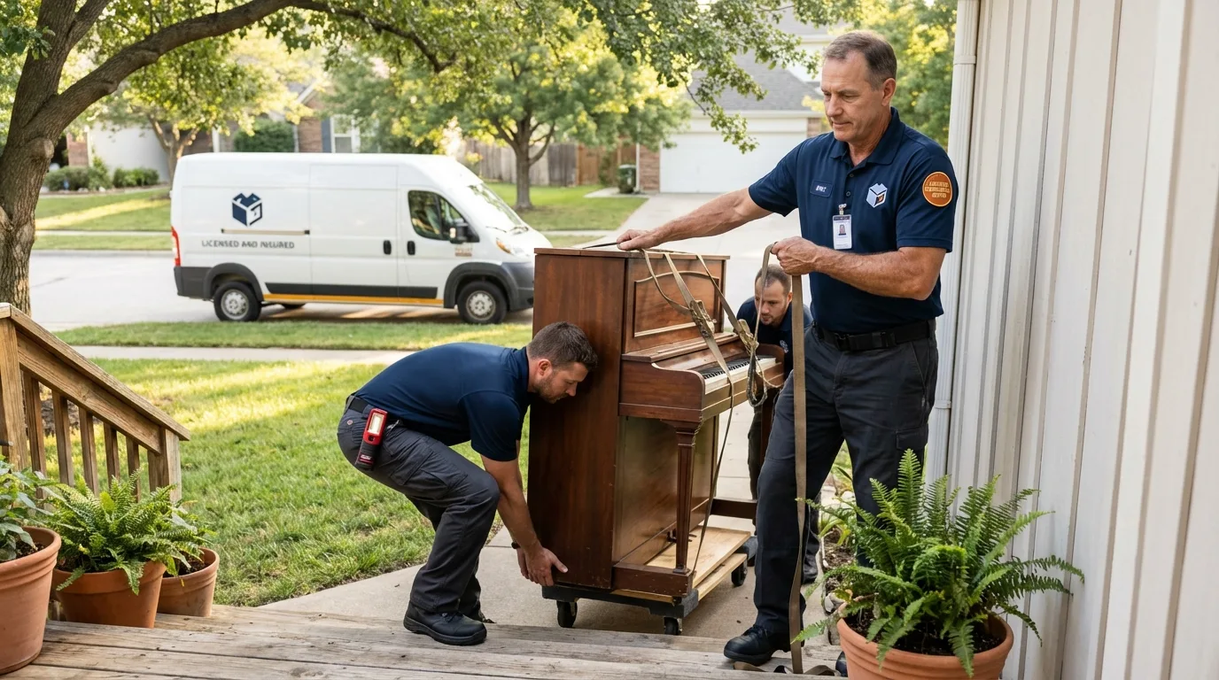 Licensed piano movers securing grand piano in Moultrie, GA