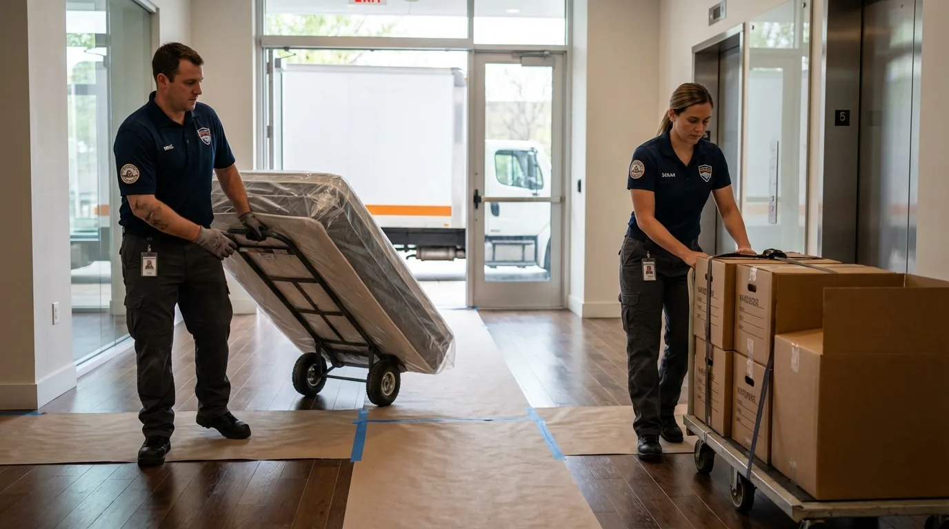 Professional apartment movers loading elevator in Moultrie, GA